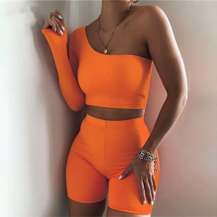 

X00723S 2021 One Shoulder Asymmetrical Solid Two Piece Sets Women Crop Tops+Elastic Pants Sporty Matching Suits Casual, Orange/purple/black/blue/apricot