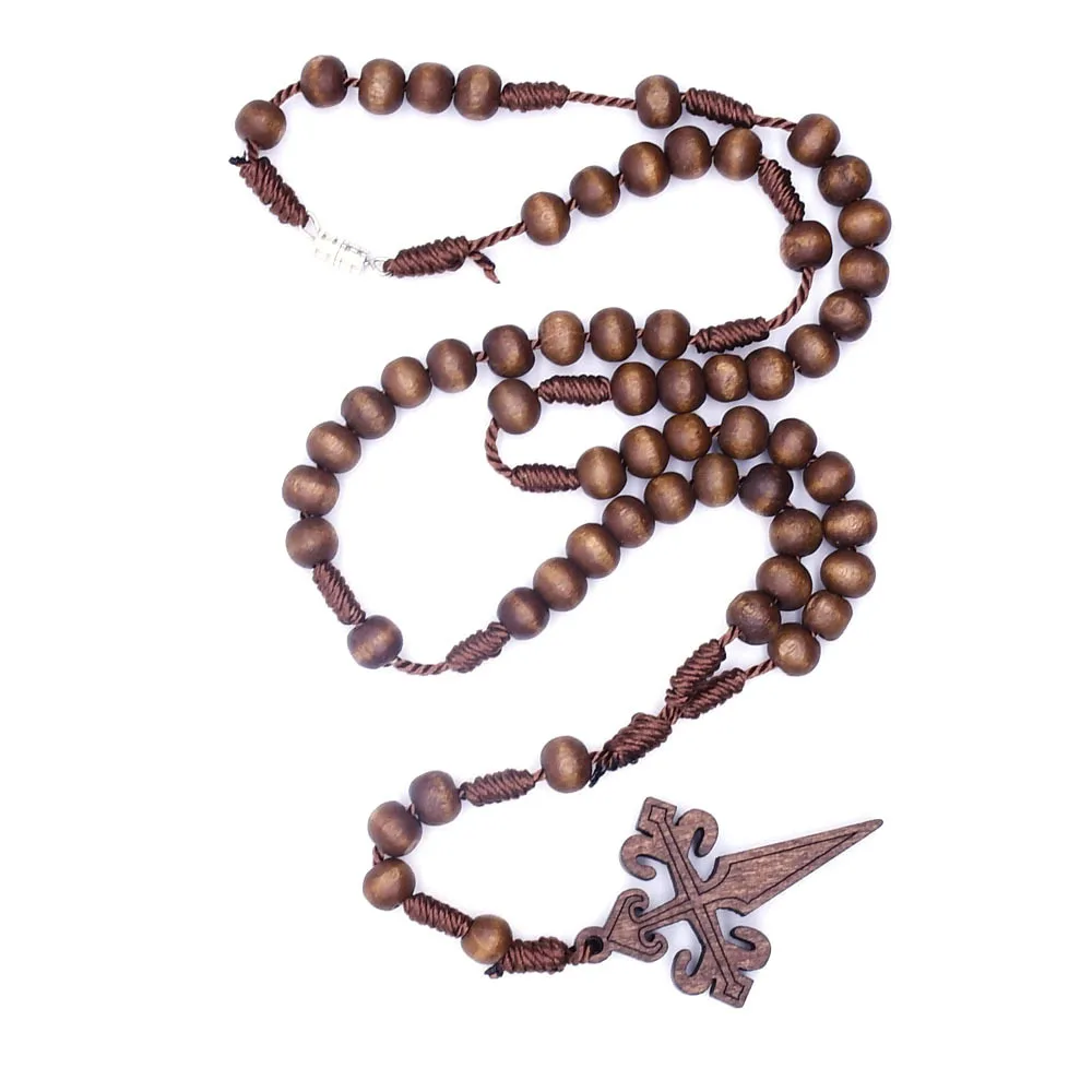 

2021 Komi Wholesales Catholic Wood Beads Handmade Cross Pendant Necklace Religious Jewelry Rosary Necklace