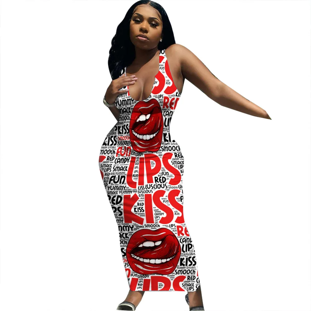 

F22035A Hot Sale 2021 Women Maxi Dresses V-neck Graphic Print Casual Sleeveless Bodycon Tank Dress Fashion Summer Sundresses, White, yellow, red, purple, blue