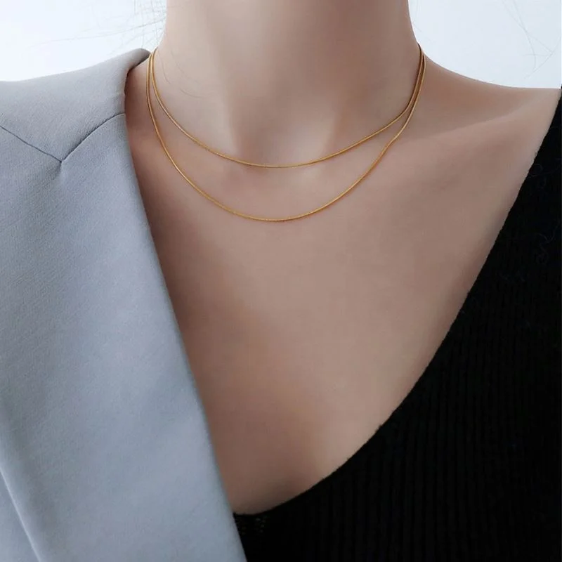 

Womens Simple Necklace 18K Gold Plated Stainless Steel Double Layer Round Snake Chain Necklace Fashion Jewelry