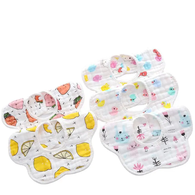 

Wholesale customized 8 layer 360 degree rotating pure gauze cotton ruffle baby boy and girls petal feeding bib pacifiers