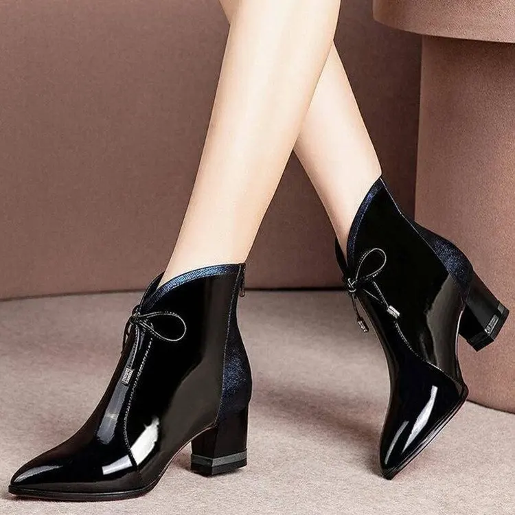 

Woman Pointed Toe Lace Up Low Heels Ankle Boots Women's Patent Leather Short Boots Mixed Color Female Ladies Zip Shoes