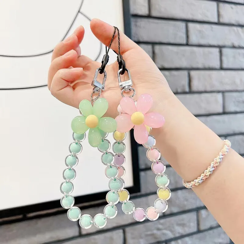 

Hot-Sale Colorful Flower Acrylic Beaded Wrist Strap Lanyard Phone Chain DIY Phone Case Lanyard Cute Keychain Accessories