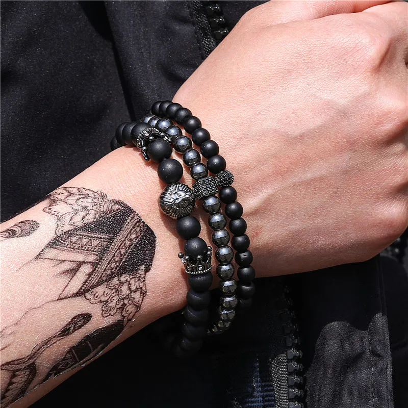 

Frosted Bracelet Zircon Crown Diamond Ball Dice Lion Head Men Beaded Bracelet Set 2020 Factory Direct Ancient Black Bangles Gift