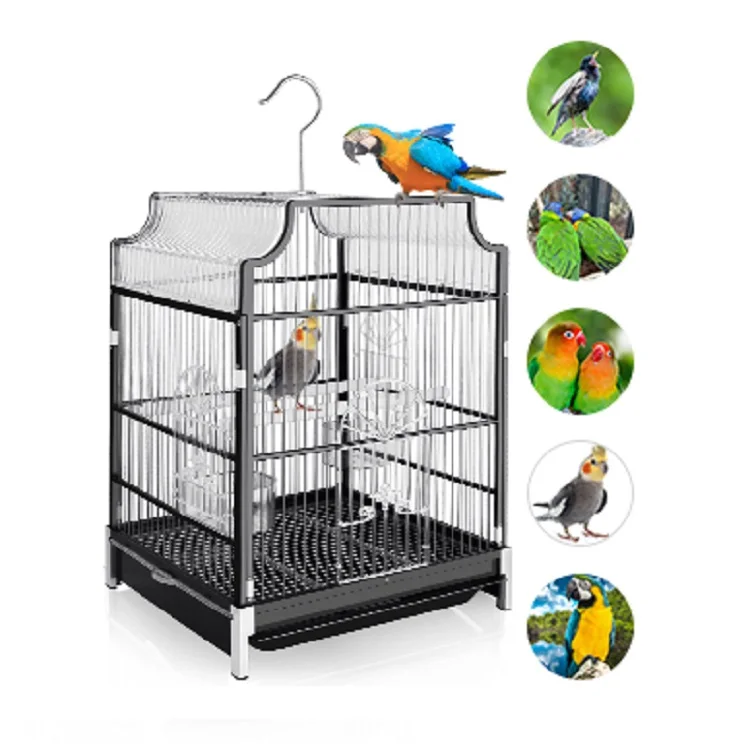 

18 Inch Bird Cage Portable Hanging Wrought Iron Bird Travel Carrier for Small Parrots with Bird Bath Tray Feeder Perches Sliding, Pink,black, grey, as per your special reques
