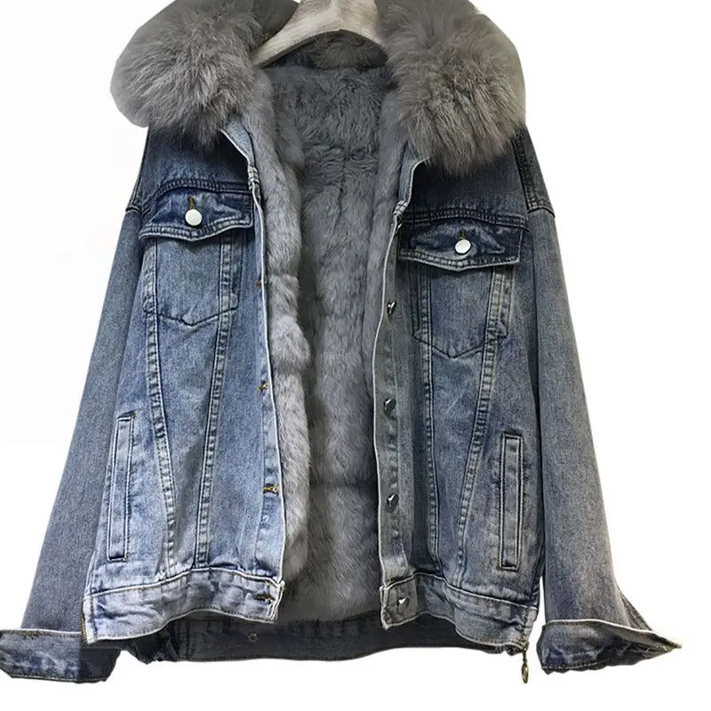 

New Winter Luxury Real Fox Fur Collar Denim Jacket Parker For Women Thick Warm Detachable Rabbit Fur Liner Jeans Parka Coat