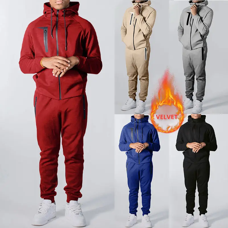 

Custom Logo Men's Sportswear Zipper Up Hoodie Jogger Two Piece Sets Velvet Tracksuits Cotton Sweatsuit Men Jogging Suit, Red, gray, black, blue, khaki