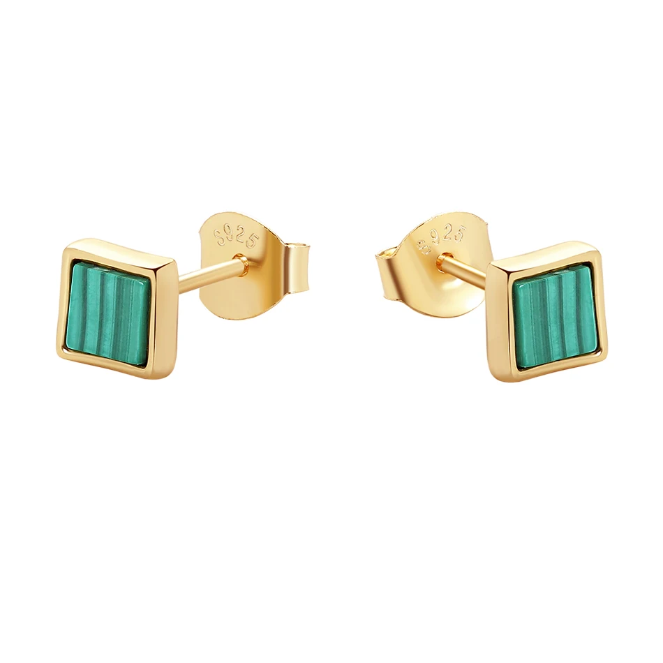 

wholesale minimalist jewelry 14k gold plated earrings 925 sterling silver malachite square stud earrings