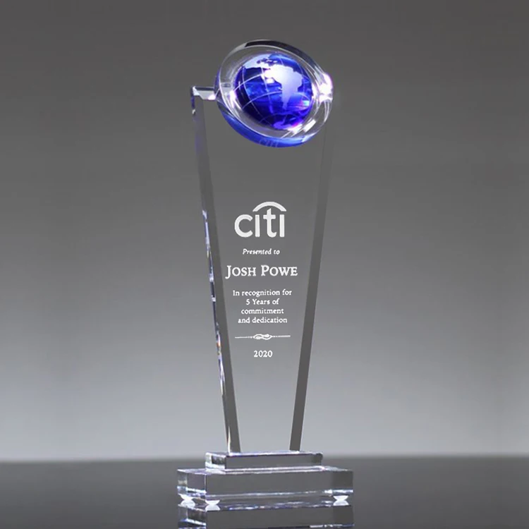 
blue earth awards crystal globe trophies with Custom Logo 