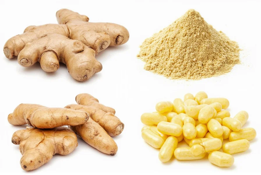 Different forms of ginger for consumption including fresh root, powder, and supplements