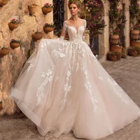 

Sheer Neck Lace Appliques Long Sleeves Vintage Bridal Gown Wedding Dress 2020