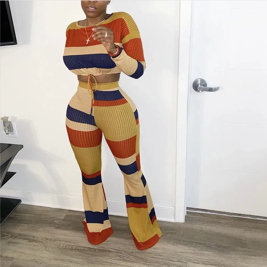 

Casual Plus Size Women Outfits Lounge Wear Crop Top Striped Pants Two Piece Set, Available