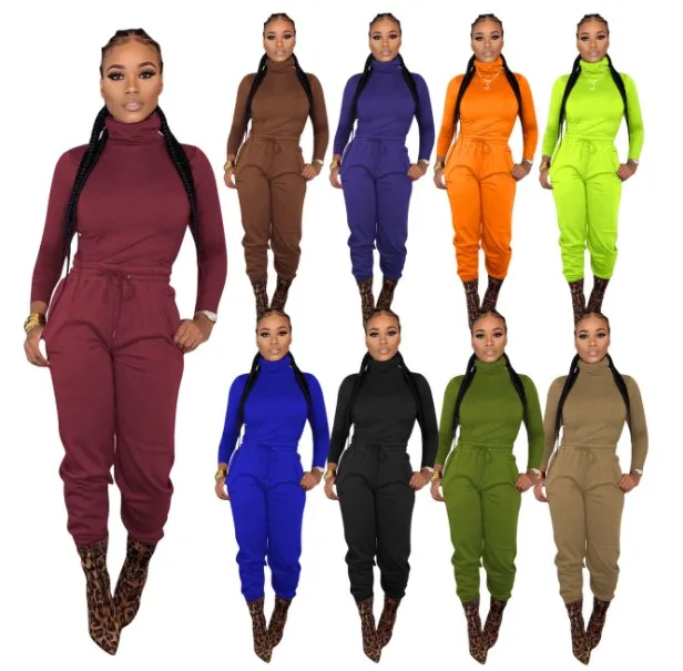 

Women Hot sale Solid Color Stand Collar Casual Winter 2 Piece pants set joggers Outfit Two Piece Set Women Clothing