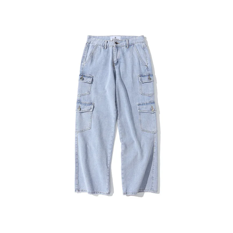 

Custom Men Denim Cargo Jeans Pants Side Multi Pockets Solid Color Baggy Pants