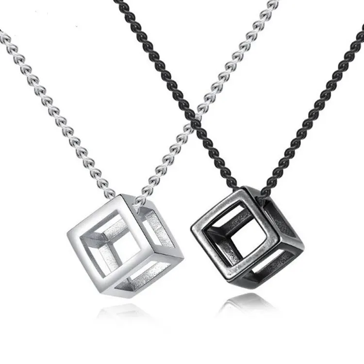 

SC Fashion Men Hollow Box Pendant Necklace Minimalist Stainless Steel Whip Chain Necklace Hip Hop Cube Box Pendant Necklace Men, Silver, black