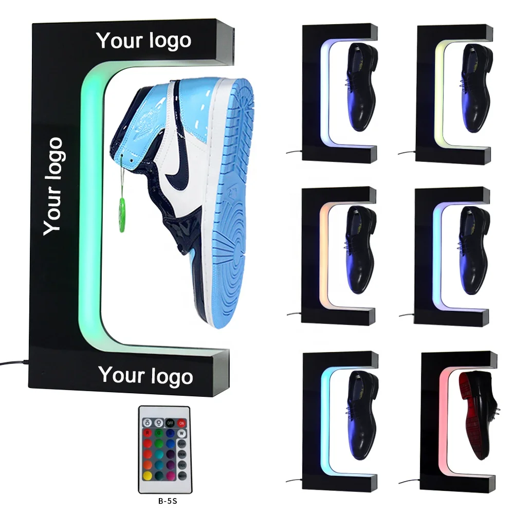 

Magnetic levitating shoe display rack with multicolor lighting