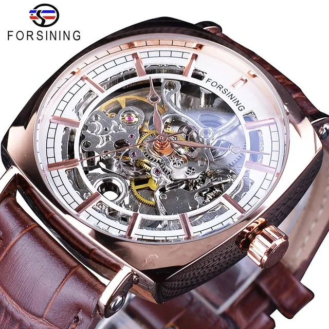Top Clock Forsining Men Watch Luxury Genuine Leather Fashion Royal Transparent Skeleton Mens Automatic Mechanical Watches