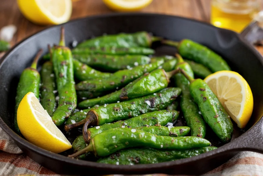 Perfectly blistered shishito peppers on cast iron skillet with sea salt and lemon wedges