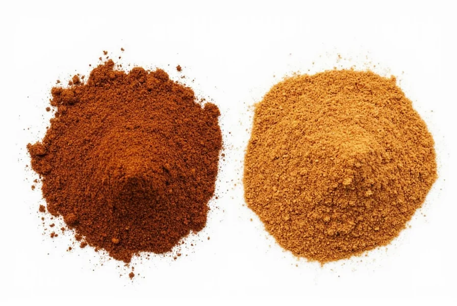 Side-by-side comparison of ground cassia cinnamon versus ground Ceylon cinnamon showing the darker color of cassia compared to the lighter tan of true cinnamon