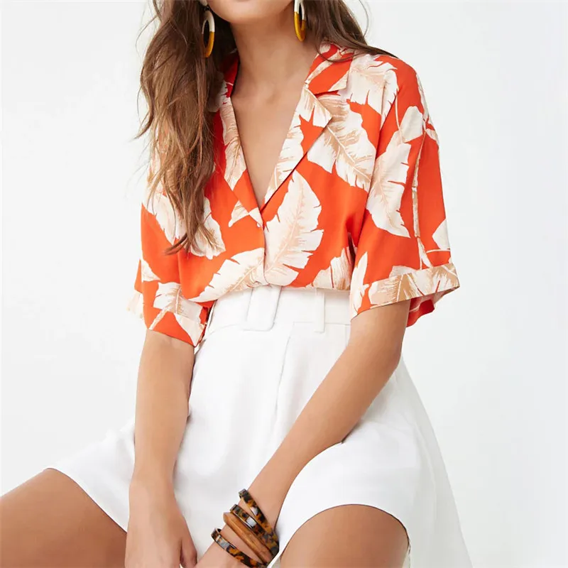 

Summer Blouse Women Short Sleeve Chiffon Blouse Casual Boho Style Floral Print Tops Turn Down Collar Office Shirt Plus Size