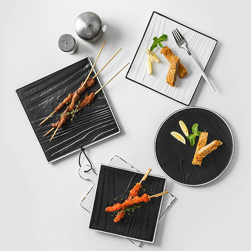 

Different Sizes Wood Grain Flat Plate Rectangular dish for Korean restaurant Unique Ceramic Plate Cake Pizza Plate, Black & white