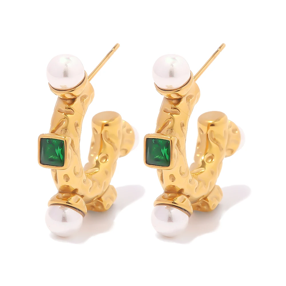 

Waterproof Green Square Zircon Inaid Gold Plated Lava Shape Hoop Earring Pearl Surrounded Earrings For Women