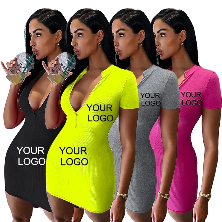 

New Arrivals Fashion Summer Casual Zipper Sexy V Neck Short Sleeve Solid Color Trendy Slim Hip Women T Shirt Dress