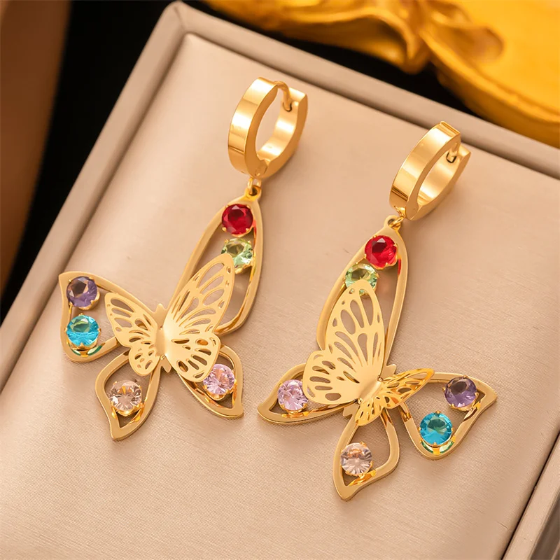 

Dainty Colorful Zircon Gold Plated Stainless Steel Hollow Butterfly Star Huggie Earrings For Women Party Gift