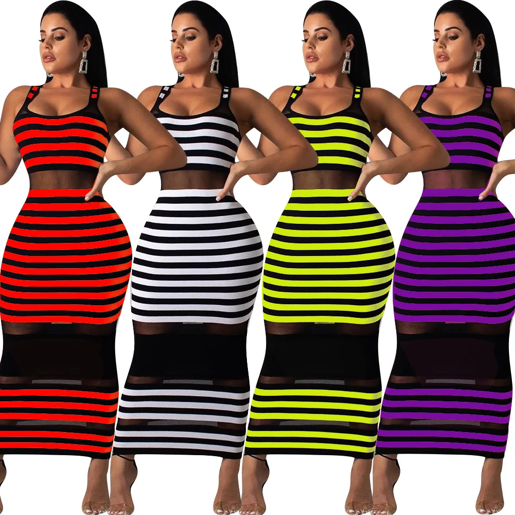 

wholesale Women See through mesh skirt stitching sexy perspective tight ladies striped party dress