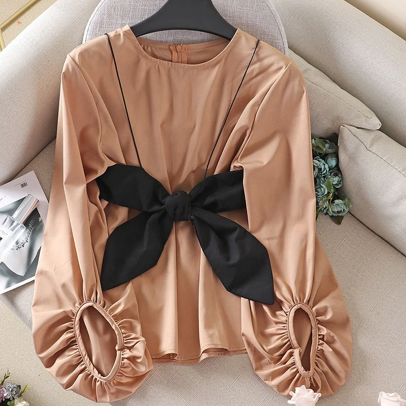 

Wholesale Shirts New Pattern Bowknot Loose Women Short Lantern Sleeve Shirt Blouse Women Top, As picture or customized make