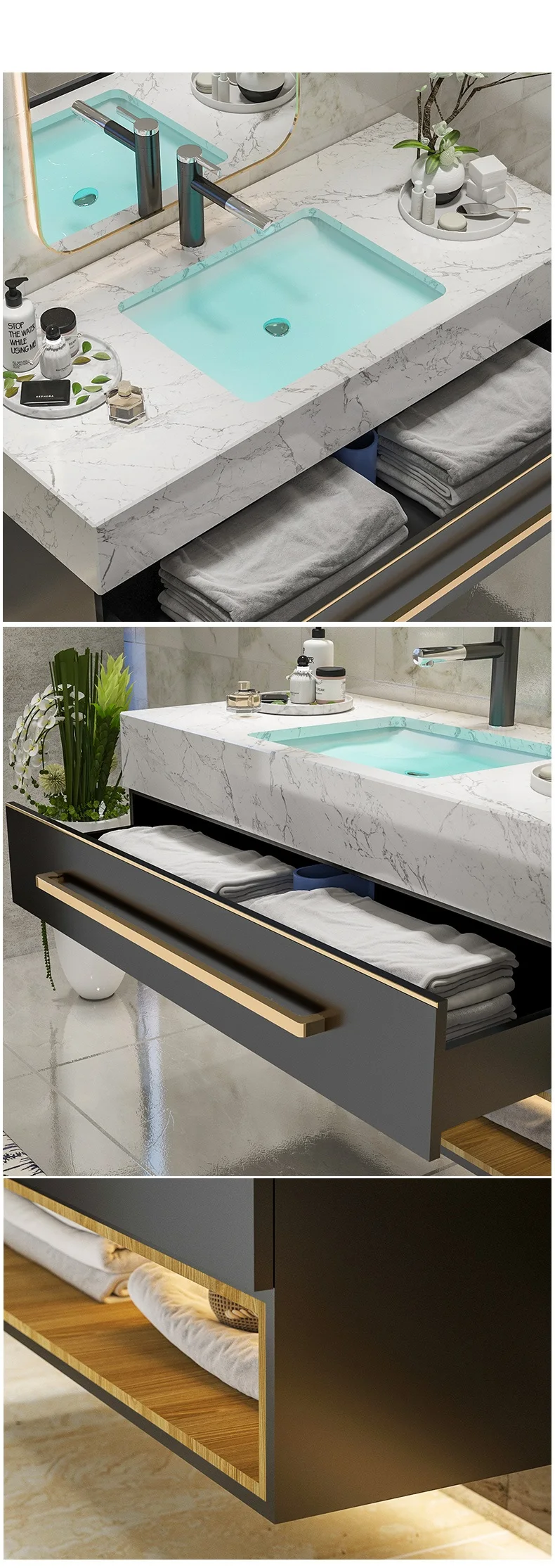Modern complete bathroom cabinet with sinks LED mirror waterproof bathroom vanity