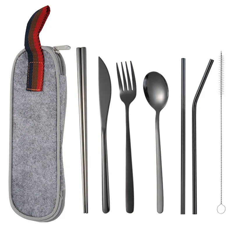 

Travel Camping Stainless Steel Knife Fork Spoon Chopsticks Straw Set With Case