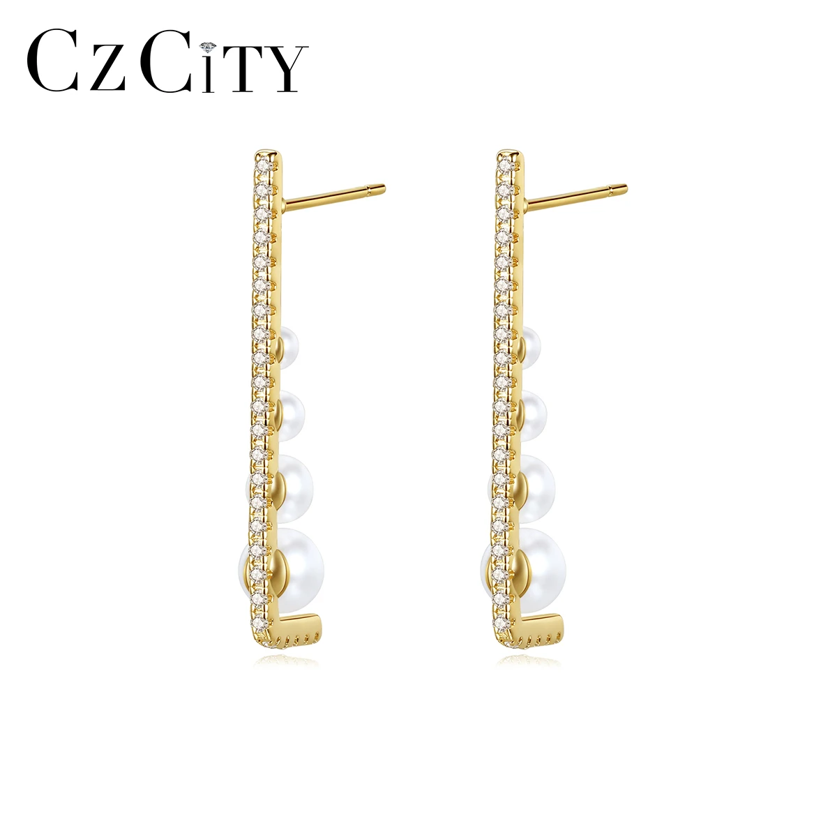 

CZCITY 925 Silver Imitation Pearl Jewelry Elegant Zirconia Stud Earrings for Women Party Dress Bride Wedding Pearl Earrings