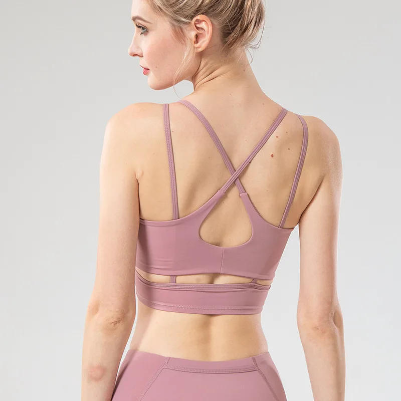 

2021Women cross sports high impact sports bra yoga midriff vest cross back sports vest high bounce fitness comfortable, Light blue, light purple, army green, black gray, navy blue