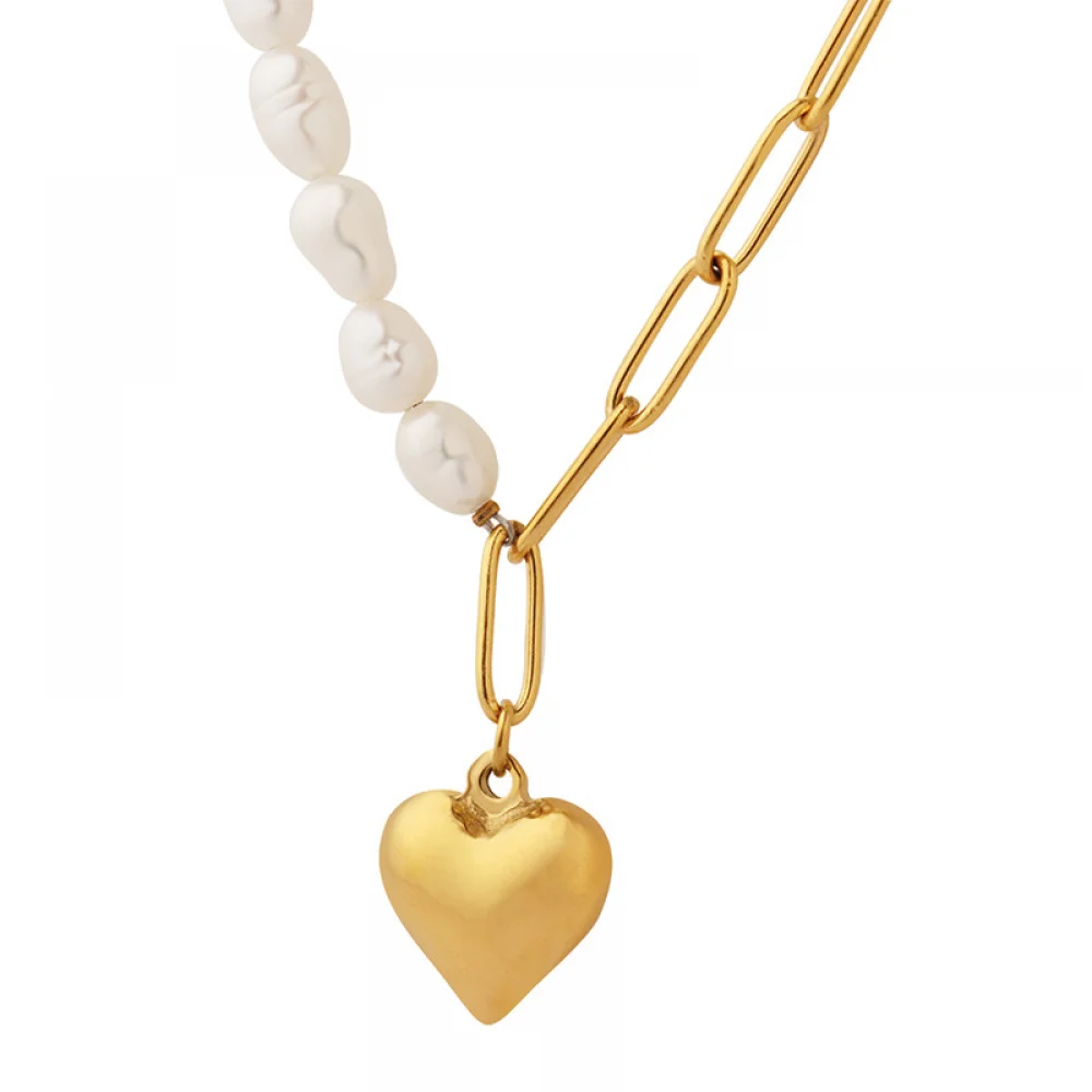 

Love Heart Pendant 18K Gold Plated Stainless Steel Half Paperclip Chain Half Freshwater Pearl Fashion Jewelry Necklace