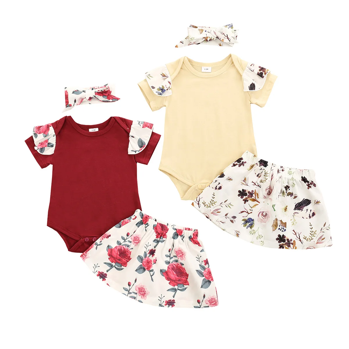 

rose floral skirt ruffled sleeve romper 2 colour choices with headband summer baby girls clothes set, Picture shows