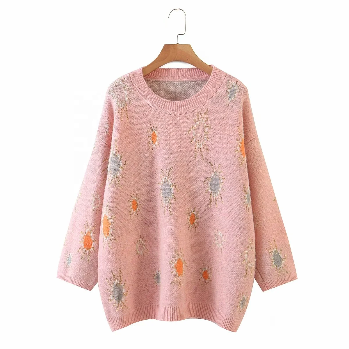 

Cheap promotional gift Pink autumn winter sweater pullovers with cute embroidery girlish style look