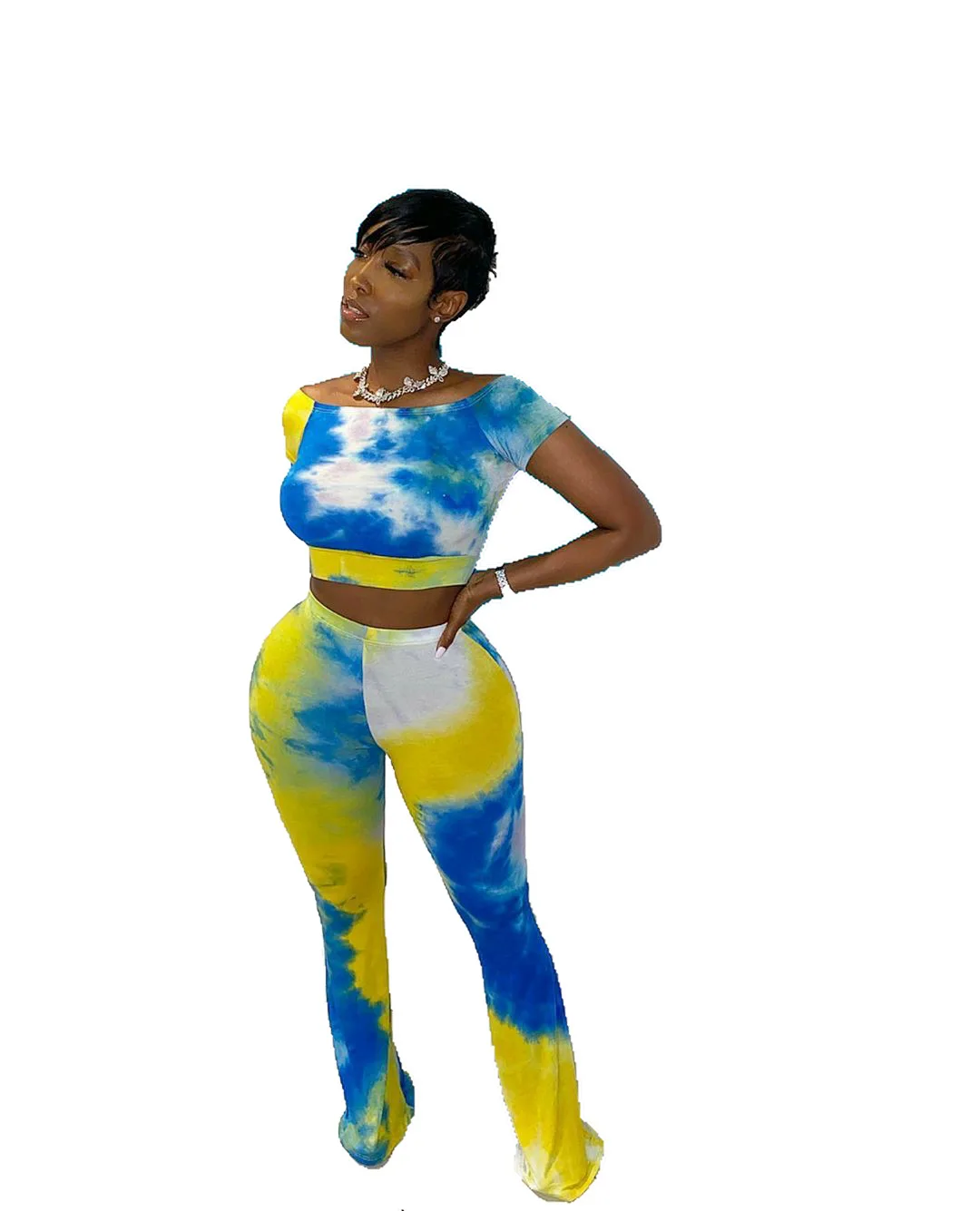 

Fashion Tie-Dye Irregular Two - Piece Belly-button Top and Bell-Bottomed Pants Casual Suits, Colorful