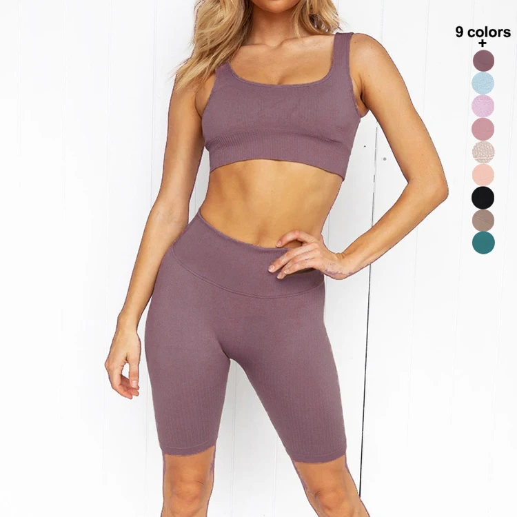 

Wholesale Ribbed Style 2 Piece Outfit Gym Fitness Workout Clothing Sports Bra And Seamless Shorts Set Fitness Yoga Wear, Can do as your require