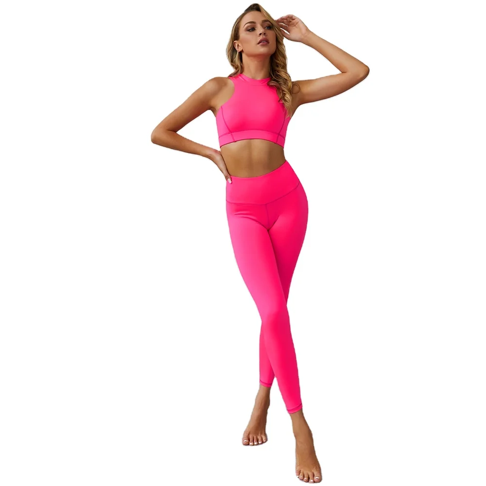 

New women's yoga set with zipper top summer tracksuit set fluorescent green fitness suit