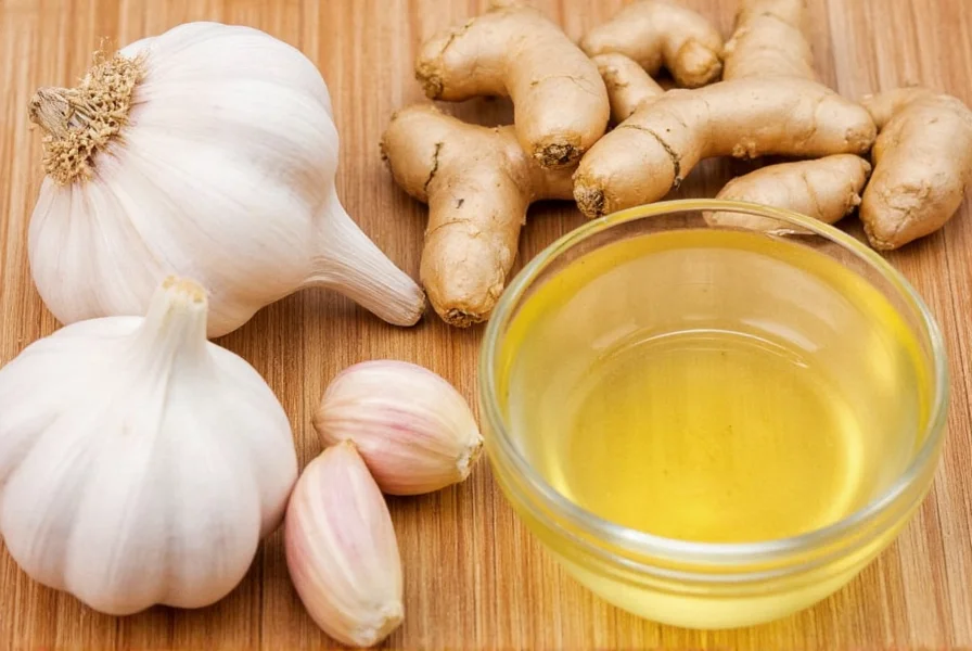 Fresh ginger root next to peeled garlic cloves on marble kitchen counter