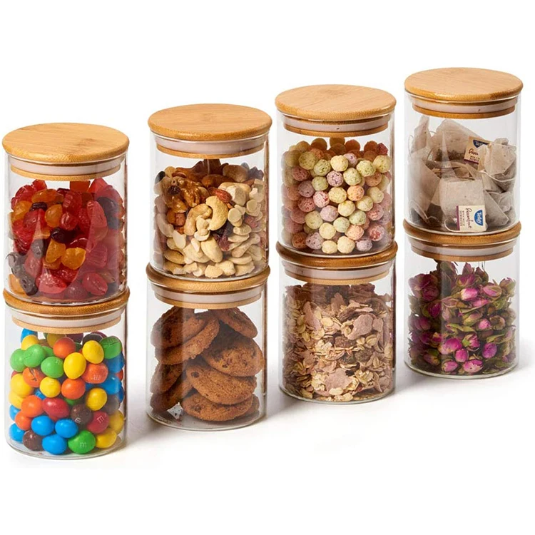 

Buy High Quality 8 Piece Set High borosilicate Round Transparent Clear Small Candy Storage Jars Glass