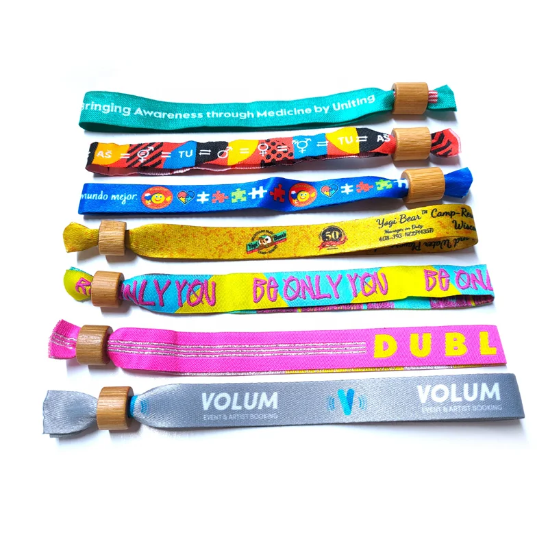 

Custom Festival Fabric Woven Wristbands recycled friendly RPET wristbands with bamboo wooden lock closure