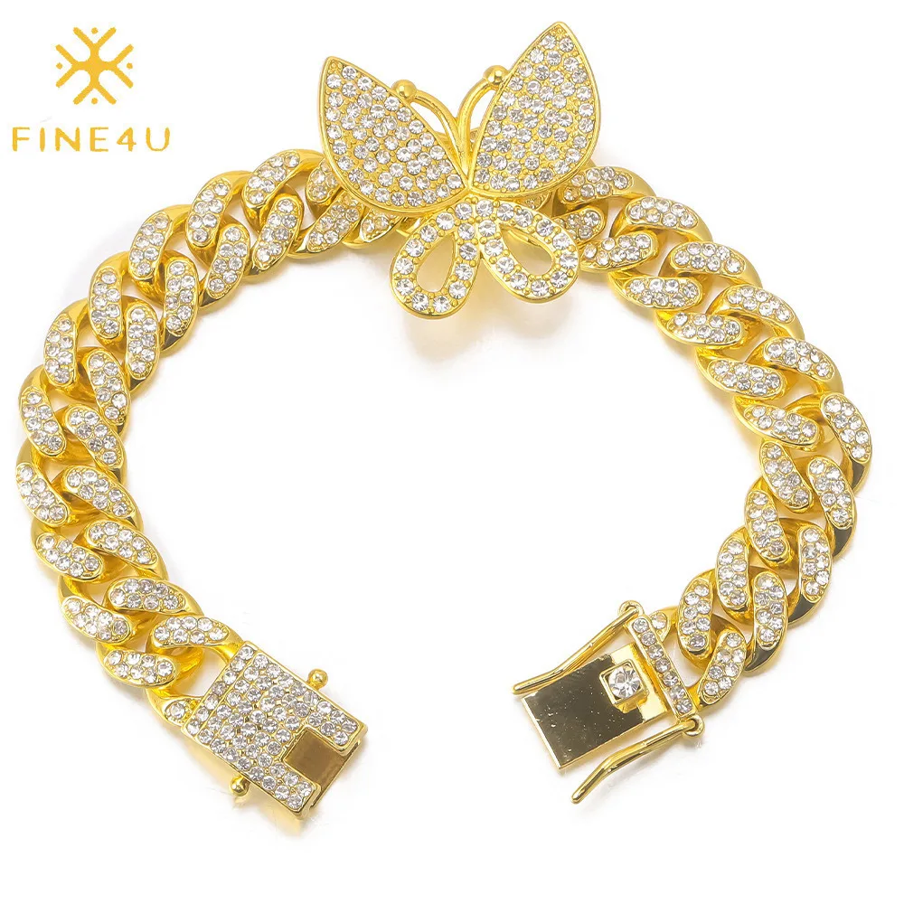

Butterfly Cuban Link Bracelet Hip Hop Alloy Zircon Bling Diamond Iced Out Butterfly Ankle Bracelet Women