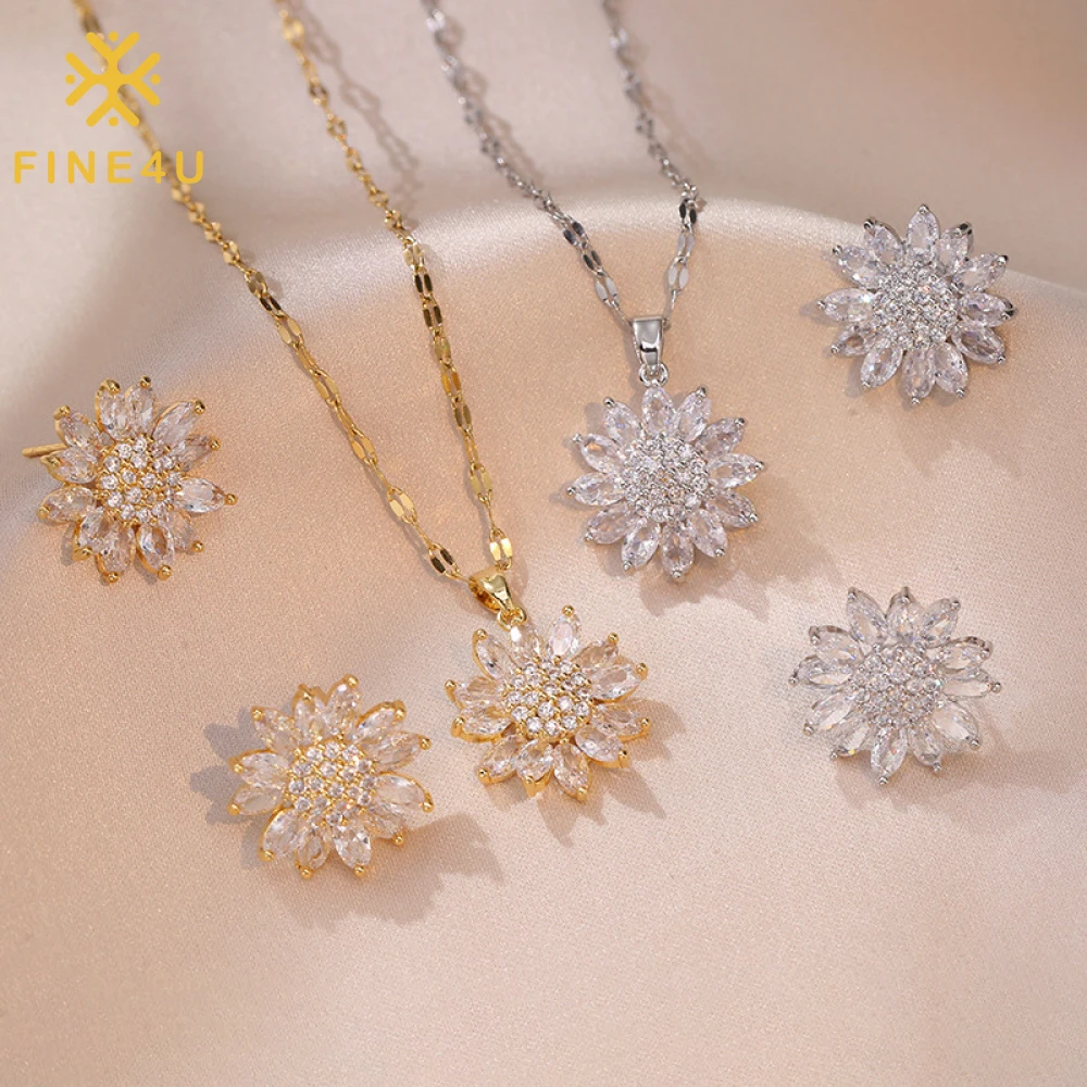 

Luxurious Zircon Fashion Bridal Sunflower Pendant Necklace Earrings Flower Jewelry Set For Women