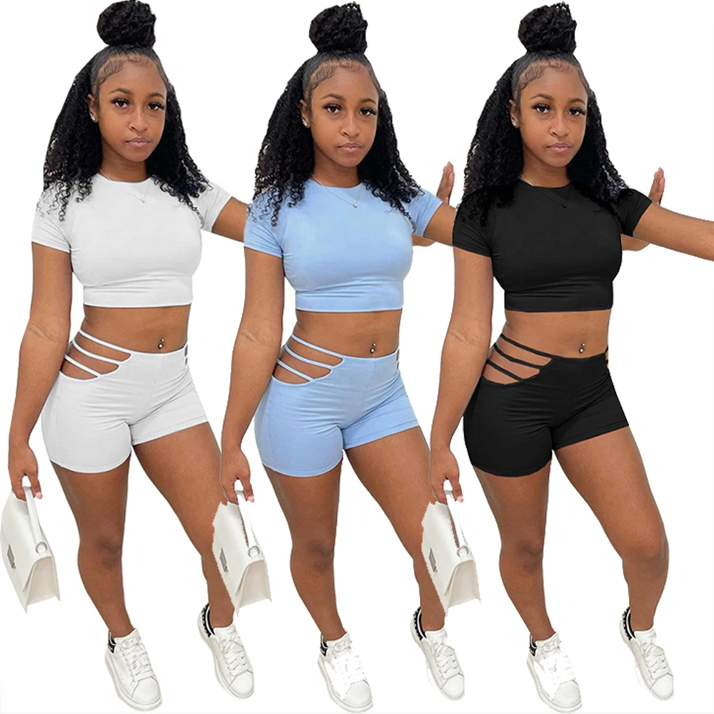 

2 Pc Short Sets Women Solid Hollow Out Sexy Two Piece Outfits Tracksuit Women Short Set Workout Clothes Women Summer LOGO Custom