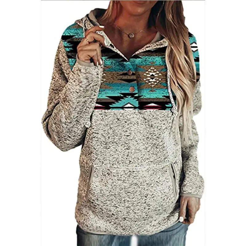 

Hooded Aztec Splicing Hoodie Sweatshirt Kangaroo Pocket Buttons Pullover Women's Hoodies