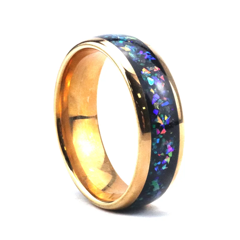 

Poya 8mm Domed Polished Shiny Real Galaxy Series Opal Stone Inlay Gold Tungsten Ring