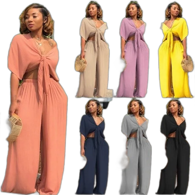 

Hot Selling Spring 2022 women two piece pants set wide leg sweatpants V-neck sexy crop top 2 piece set, Picture color