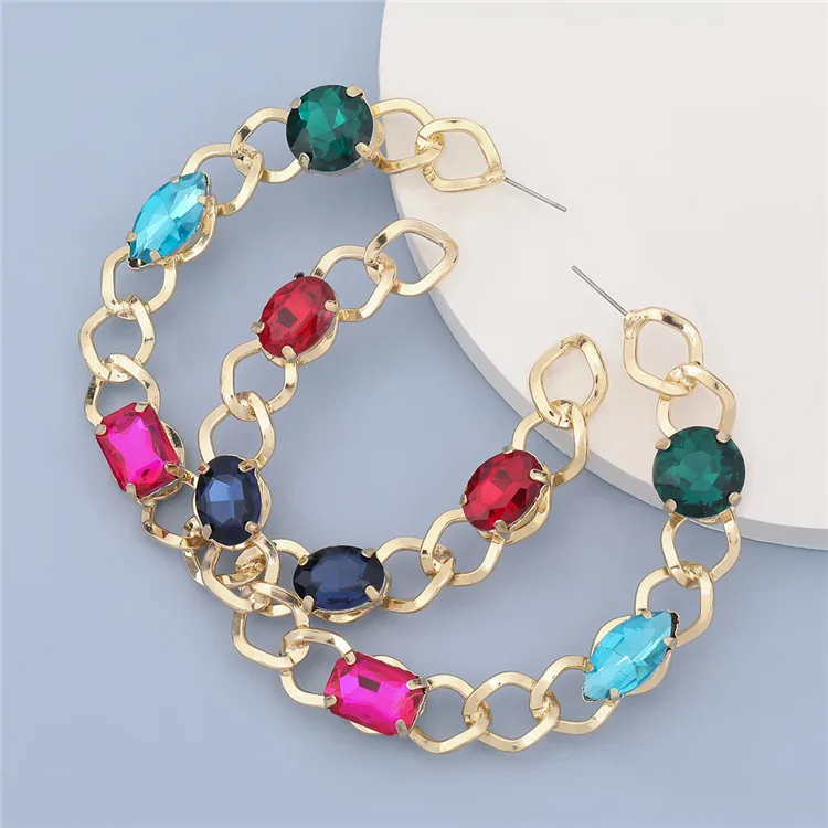 

Exaggerated Trend Round Chain-Shaped Alloy Diamond-Set Glass Diamond Colorful Hoop Earrings